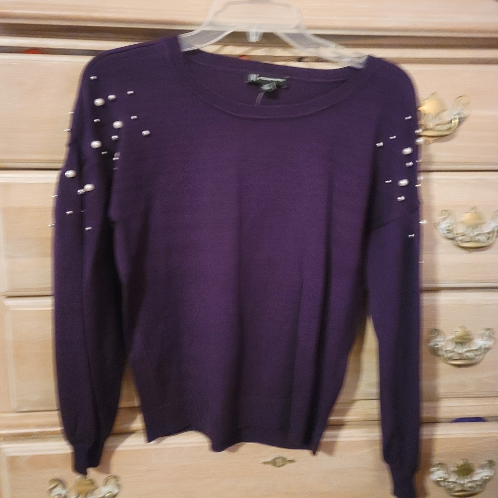 INC Eggplant Sweater with Pearl & Silver Balls Size XS